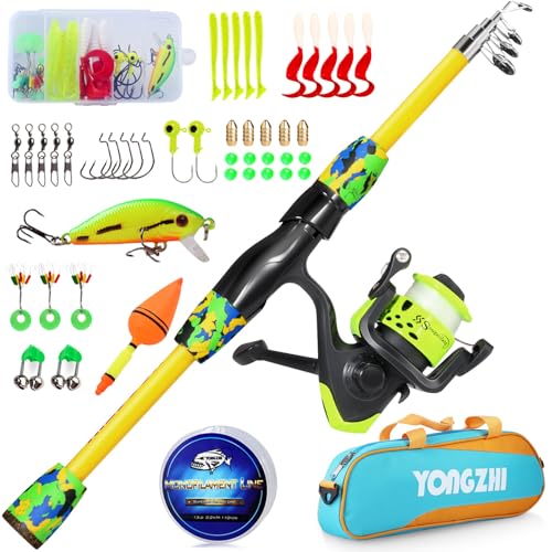 Sougayilang Caña de pescar para niños, caña de pescar telescópica portátil y combo de carrete, con carrete de pesca giratorio, señuelos para jóvenes, niñas y niños que viajan, caña de pescar para