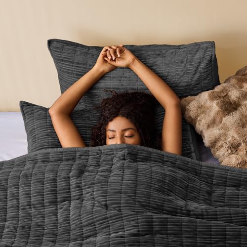 Image of Wonderful Corduroy Texture Black Grey Quilt Set Queen - Hypoallergenic Skin-Friendly Soft Plush Velvety Touch Bedspread, Classic Vertical Striped Lightweight Coverlet for All Season, 106 inchx94 inch