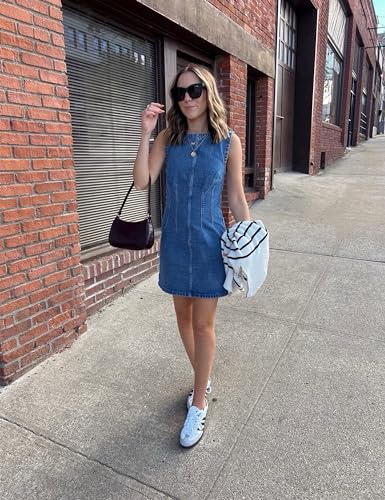 Daacee Women’s Sleeveless Bodycon Denim Mini Dress Casual Waist Tucks Zipper Tank Jean Dresses2