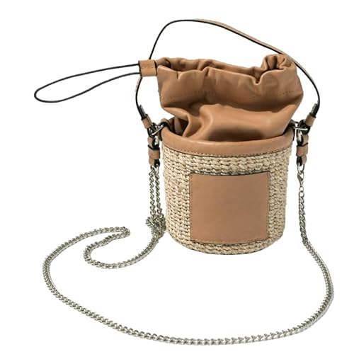 [ヘイニ] POMTATA ポンタタ かごバッグ チェーンショルダー 巾着 本革 アバカ小さめ 軽量 軽い レディース (ナチュラル×キャメル)のサムネイル