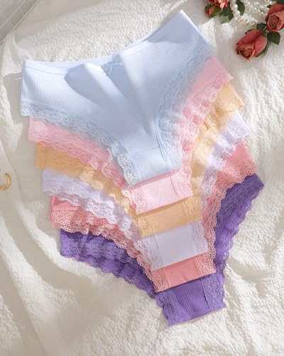 Image of Womens Cotton Underwear Sexy Lace Trim Bikini Ladies Cheeky Panties 6 Pack