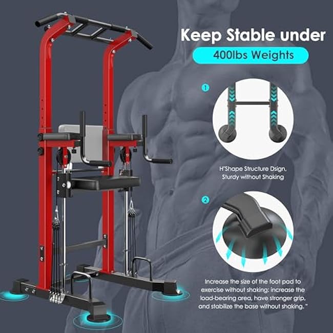 soges Power Tower Dip Station with Assisted Pad, Height Adjustable Pull Up Bar Station Free Standing for Home Gym, Multi-Function Strength Training Full Body Workout Equipment, Red