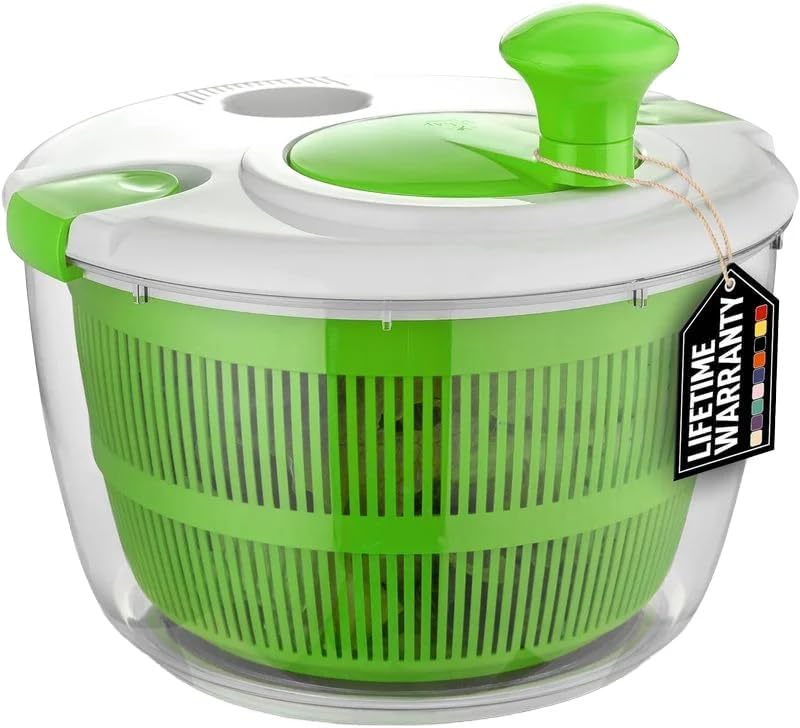 Plastic Salad Tools Manual Lettuce Spinner with Secure Lid Rotary Handle Vegetable Dryer Fruit Washer Fries Spinner, Medium, Green