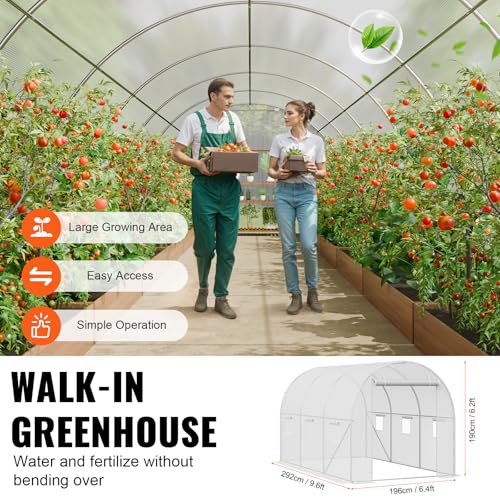 Image of VEVOR Walk-in Tunnel Greenhouse, 9.6x6.4x6.2 ft Hoop House Greenhouse Tunnel, Plant Hot House with Galvanized Steel Frame, White PE Cover, Roll-up Zipper Door and 6 Windows for Outdoor