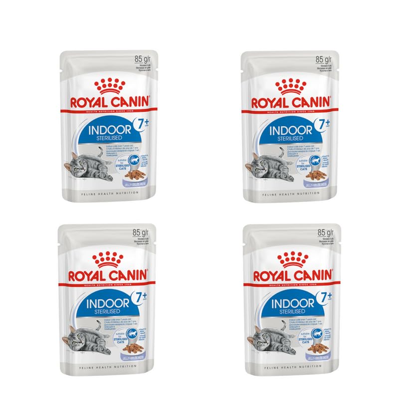 Royal Canin Indoor Sterilised 7+ | Pack de 4 | 4 x 12 x 85 g | Aliment Complet pour Chats à partir de 7 Ans | pour Les Chats stérilisés Vivant en intérieur | Morceaux en gelée