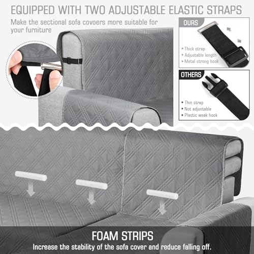 Image of TAOCOCO Waterproof Sectional Couch Covers L Shaped Sofa Covers Chaise Lounge Cover 3pcs Reversible Sofa Covers for Sectional Sofa Pet Kids Furniture Protector with Elastic Straps(Large, Gray)