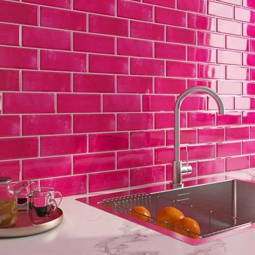 LaCheery 18 Piezas Azulejos Adhesivos Baño Rosa Oscuro 3D Ladrillo Baldosas Adhesivas Pared PVC 30.5cm x 30.5cm Azulejos Adhesivos Cocina Rosa Vinilo Pared Baño Revestimiento de Paredes PVC Ducha