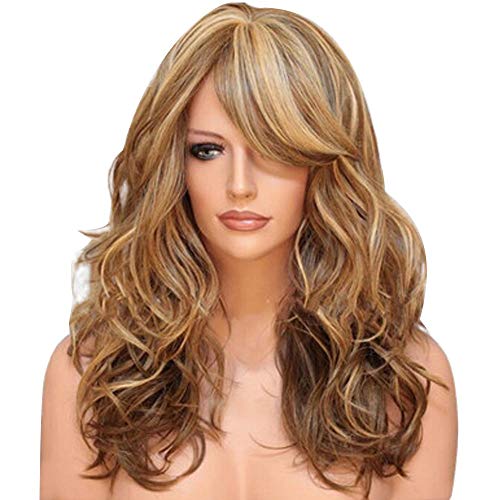 60cm Frauen Hitzebeständiges Haar Blonde Lange Lockige Volle Perücke lang gewellt Mittelscheitel Lang Gewellt Hitzebeständige Kunstfaser klebefreien Cover