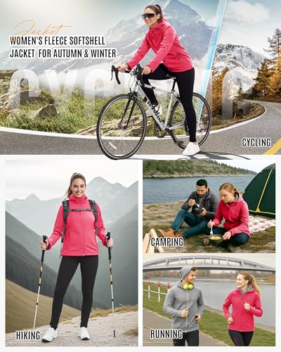 33,000ft Damen Fleece Gefütterte Softshelljacke Wasserdichte Funktionsjacke Fahhradjacke mit Kapuze Winddichte Übergangsjacke Windbreaker zum Radfahren, Wandern Rosa 38