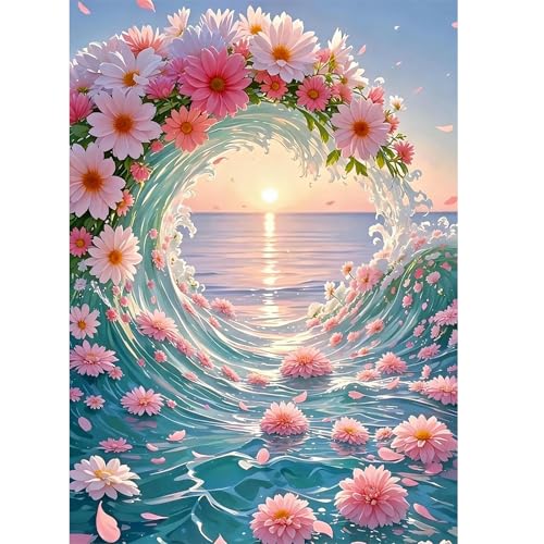 Image of AiYuanzsh Sunset Ocean Diamond Art Kits for Adults, Flower Waves Diamond Painting Kits for Adults Beginners, 5D DIY Full Drill Round Rhinestone Gem Art Crafts Paintings for Home Wall Decor 12 inchx16 inch