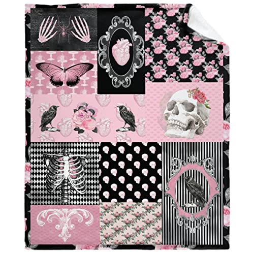Image of Gothic Collage Rose Skull Butterfly Skeleton Retro Ulta Soft Fleece Flannel Blankets Birthday Throw Blanket Bedding Outdoor Cover All Season for Picnic Couch Toddler-40x30In