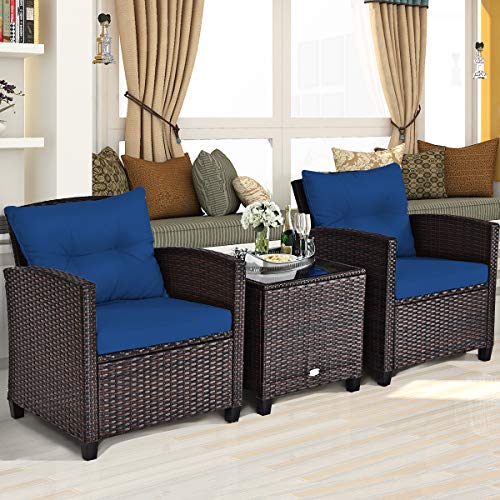 Image of Tangkula 3 Pieces Patio Furniture Set, PE Rattan Wicker 3 Pcs Outdoor Sofa Set w /Washable Cushion and Tempered Glass Tabletop, Conversation Furniture for Garden Poolside Balcony (Blue)