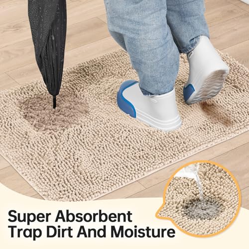 Image of Absorbent Dog Door Mat for Muddy Paws, 72 inch x 24 inch Chenille Indoor Mats for Entryway, Trap Dirt Front Door Mat Indoor Entrance Washable Non Slip Soft Beige
