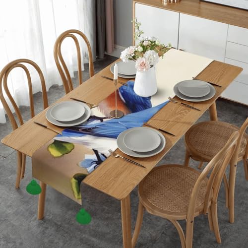 Chemin de table en lin oiseaux bleus pour masquer une table et réussir sa déco - 2