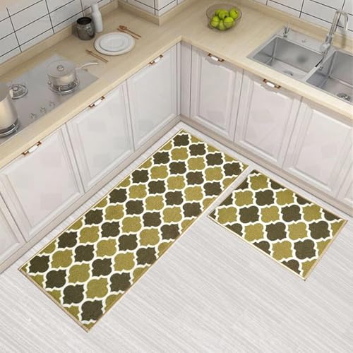 Image of Matz&More Anti Slip Kitchen Runner & Doormat Combo (50x120cm + 40x60cm), Nylon Tufted Floor Mat with Rubber Backing, Carpet for Bedroom, Bathroom, Entrance & Bedside, Trellis Two Toned Olive
