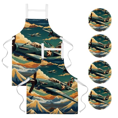 Lot de 2 tabliers de cuisine avec 4 broches motif combattant vintage multicolore