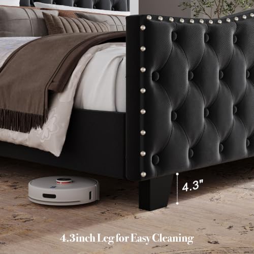 Uteeran Upholstered King Size Bed Frame with LED Lights & Charger, Black - image 6