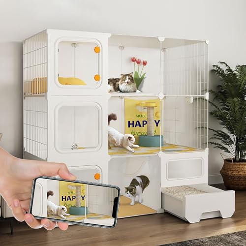 Cage intérieure avec bac litière intégrée et enclos modulaire métallique pour 1 à 3 chats