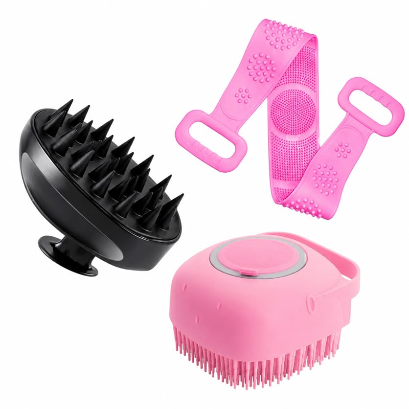 3-in-1 Silicone Bath Care Combo | Body Back Scrubber Belt, Shampoo Scalp Massage Brush & Shower Gel Dispenser Bath Brush | Soft Exfoliating Body Scrubber Set for Men & Women (pack of 3)-picture-14