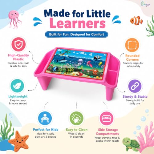 Image of Ocean Adventure Kids Study Table - Fun and Colorful Portable Foldable Lap Desk for Kids' Study, Drawing, Eating Snacks, and Laptop Use | Lightweight, Durable, Easy to Carry - Pink