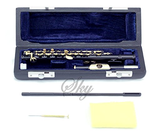 Sky Band Approved Black Laquer with Gold Keys Piccolo Key of C with Hard Case, Cloth, Cleaning Rod, Joint Greasae and Screw Drive