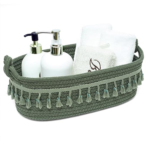 Image of HOSROOME Small Cotton Rope Woven Basket Toilet Paper Baskets for Organizing Decorative Basket for Boho Decor Small Storage Basket for Bedroom Nursery Livingroom Entryway,Green
