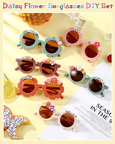 Kanayu 24 Pcs Sunglasses DIY Kit Kids Round Flower Sunglasses Bulk with 200 Letter Beads 100 Daisy 2 Glues for Girls Boys (Lively Colors)4