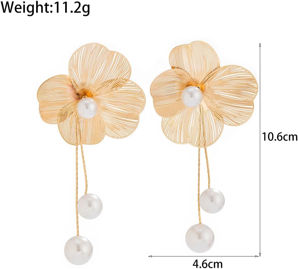 Flower Earrings for Women Dainty 14K Gold Freshwater Pearl Floral Dangle Earrings Long Pearl Ginkgo Leaf Drop Earrings Trendy Prom Jewelry Gifts - Image 3