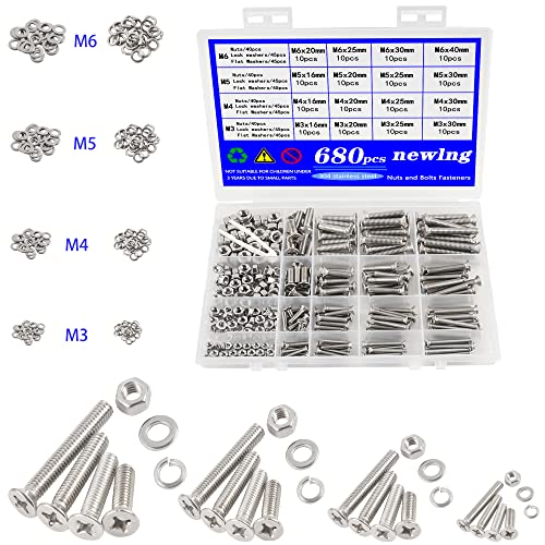 newlng 680pcs M3 M4 M5 M6 Pernos y Tuercas y Arandelas 304 Acero Inoxidable Cruz Avellanada Tornillos de Máquina Tornillos de Cabeza Plana con Surtido de Tuercas y Arandelas Cover