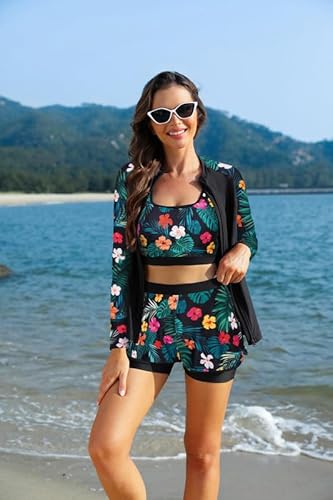 JASAMBAC Badeanzug Damen Bauchweg 3-Teiliger Rash Guard Set Langarm Badeshirts Bikini Oberteil Und High Waist Badeshorts Reißverschluss Bademode Surfanzug Schwimmanzug