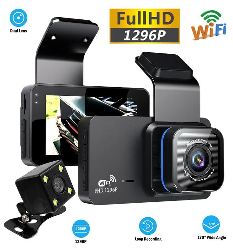 Araç İçi Kamera WiFi, 1296P Full HD, 3 İnç Ekran, Ön ve Arka…