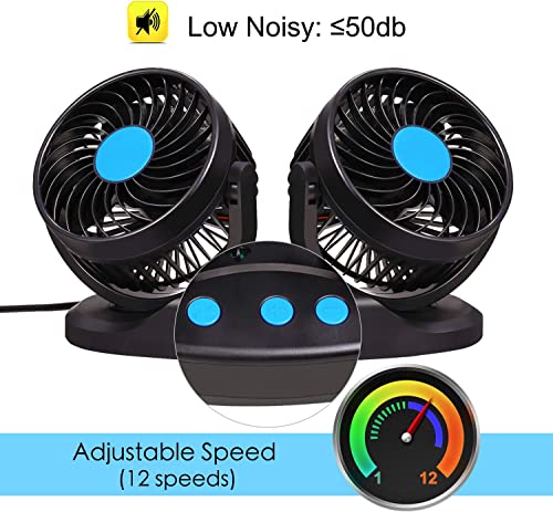 Excoup Car Fan 12V Vehicle Fan With 12 Speeds, 5 Inch Truck Air Fan Electrial Car Fans Led Display With Temperature & Humidity Dual Head 360 Degree Rotatable #TOP1