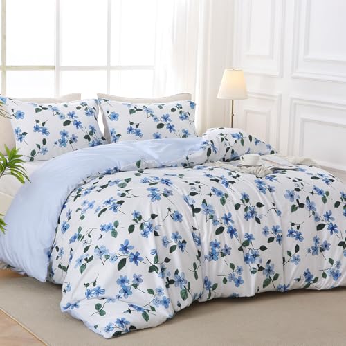 MUXHOMO Duvet Cover Queen Size, Reversible Vintage Floral Duvet Cover Set with Zipper Closure, 3 Pieces Botanical Patterns Soft Microfiber Bedding Set (90"x90", 2 Pillow Cases, Large Blue Flower)