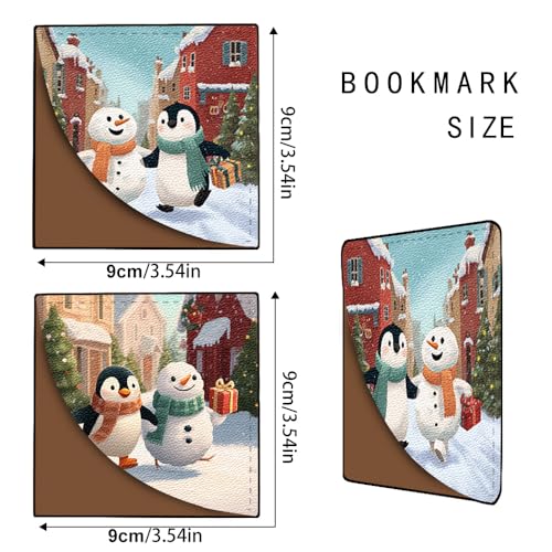 Image of 2Pcs Cute Penguin & Snowman Corner Bookmarks, Handmade PU Leather Page Corner Protectors, Winter Holiday Stationary Gift for Book Lovers, Kids, Teachers, Aesthetic Reading Accessories 3.54 inch