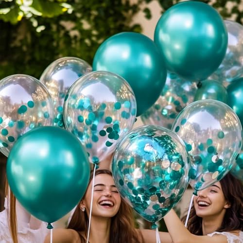 Image of SUWEN Metallic Green and Confetti Balloons Set 47PCS Latex Metallic Teal