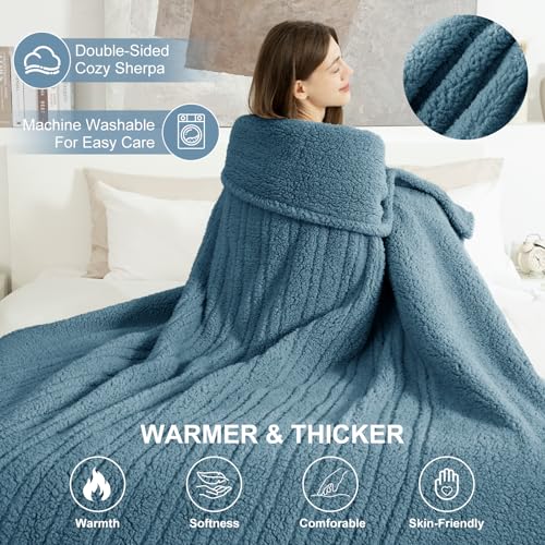 Heated Blanket Throw 50"X60" - Soft Double Sided Sherpa Electric Blanket Throw with 5 Heatings Levels & 4 hrs Auto Shut Off, Overheat Protection & ETL Certified for Women(Blue)