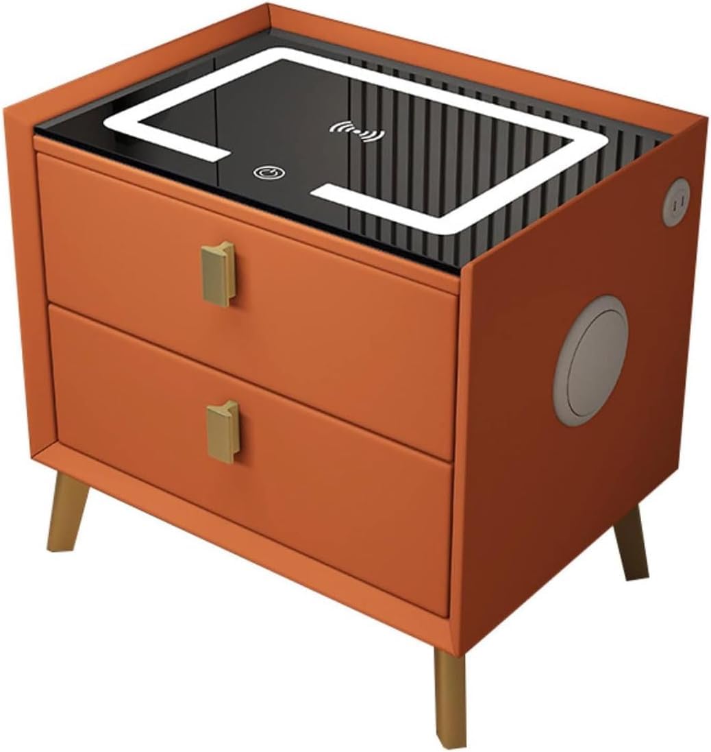 BHGFYXBS Smart Led Nightstand Wood End Table W/Wireless Charging Station Bedside Cabinet Bluetooth Fingerprint Lock Bedside Dresse Space Saving,White-30X40Cm,Orange-30X40Cm,Orange-30x40cm