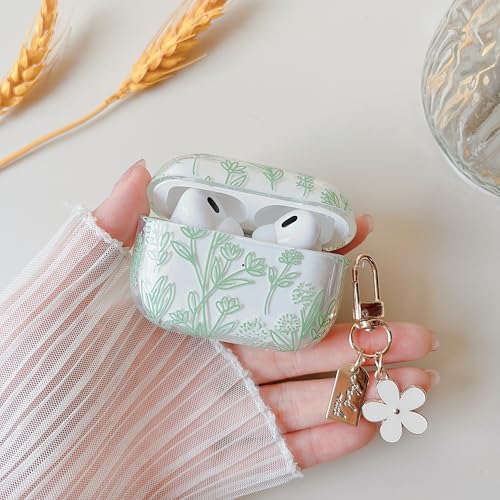 Image of MINSCOSE for AirPods Pro 2nd /1st Generation Clear Case,Cute Flower Floral Aesthetic Design with Floral Keychain, Soft TPU Protective Shockproof Case for Women Girl for Airpods Pro /Pro 2-Green