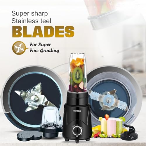 Image of Pringle Alexa Nutri Blender 450W | Smoothie Maker & Mixer Grinder | 2 Food Grade Jars | Sipper Cap & Storage Lids | Dual Blade System | Compact Kitchen Blender | 1 Year Warranty | Black