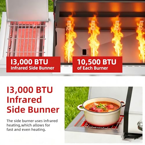 Image of Veralune 4 Burner Gas Grill with Side Burner, 4 Burner Outdoor Cooking Grill with Infrared Side Burner, Outdoor BBQ Grill with Oil Tray, Built-in Thermometer, Enameled Cast Iron Grates, 55,000 BTU