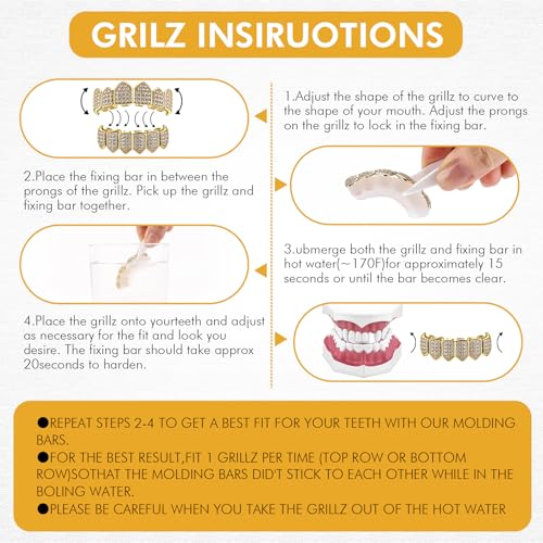 Soulchen 2 Set Vampire Teeth Silver Gold Diamond Grills for Your Teeth for Men Women 18k Gold Plated Hip Hop Rapper Costume Halloween Cosplay Extra Molding Bars4