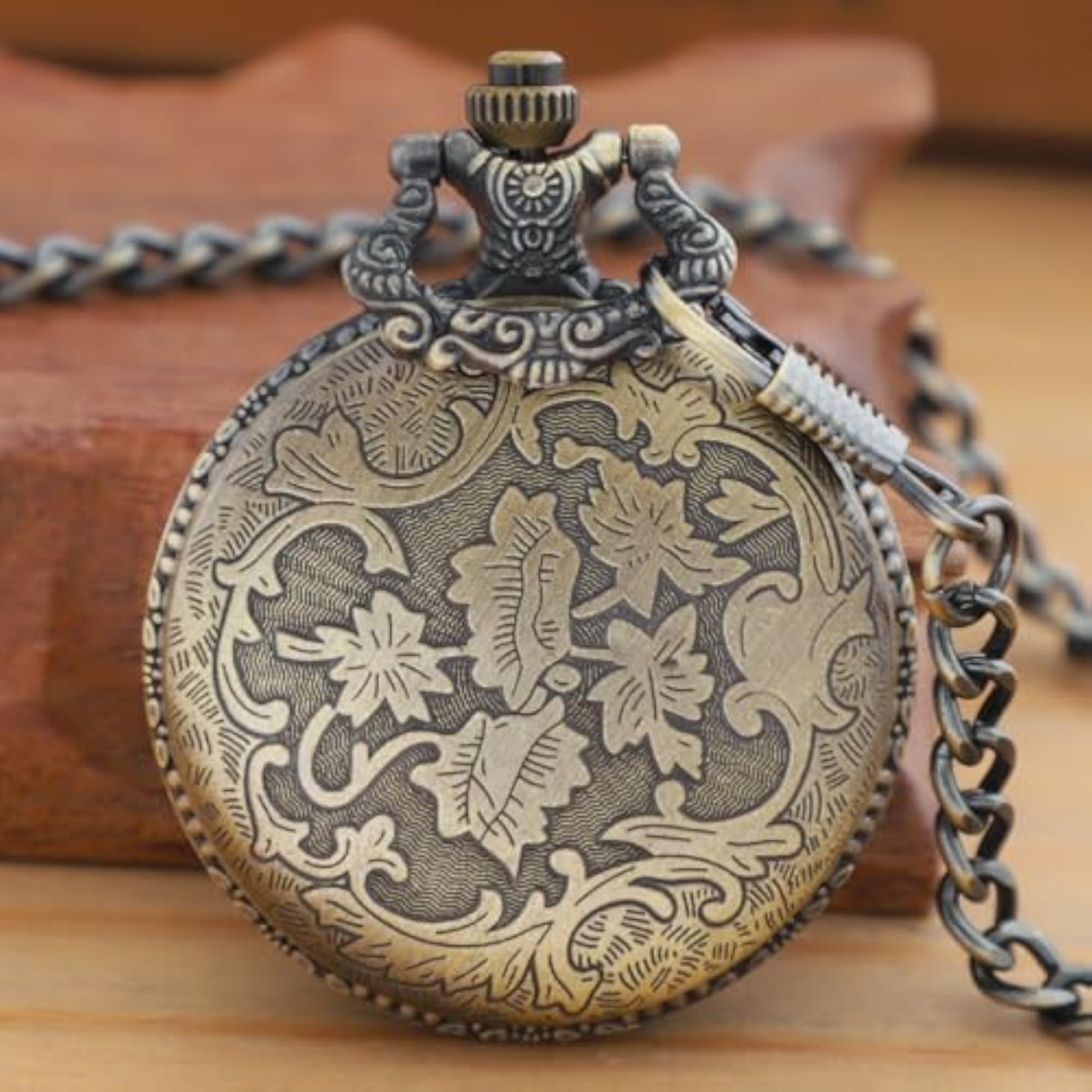 Bronze Hollowed Out Eagle Quartz Pocket Watch with Chain, Gift for Him