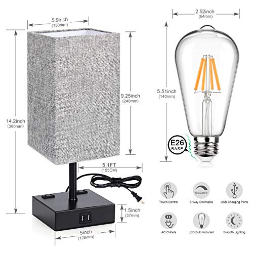 Maxvolador Touch Control Table Lamp, 3 Way Dimmable Bedside Desk Lamps With 2 Usb Charging Ports 2 Ac Outlets,Grey Fabric Shade Modern Nightlight For Bedroom, St64 Led Bulbs Included,Set Of 2 #TOP1