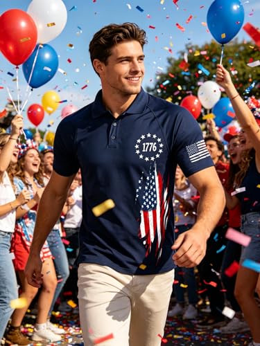 Polo para hombre 4 de julio, camiseta con botones y cuello corto, camiseta patriótica americana para hombre miniatura 2