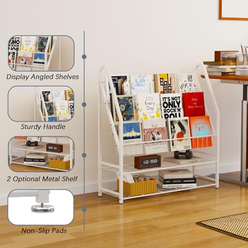 Arbuxzuy Magazine Rack Small Metal for Storage Freestanding 11.8\" D x 32.3\" W x 38.2\" H, Sofa Height Short Book Shelf for Display and Storage, Ladder Bookcase for Home Office, White