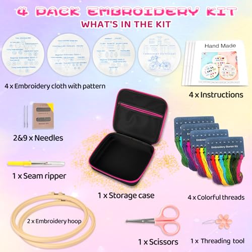 Embroidery Kit for Beginners with Case, 4 Set Beginners Stamped Cross Learn 38 Different Stitches Practice Kit with Storage Case for Adults Starter Hand Embroidery Craft with Patterns Hoop Needlepoint - Thumbnail 2