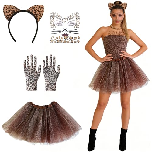 CHENBOOW Leopardo Costume,Orecchie Leopardo Donna Costume,Set di Fascia,Stampa Leopardo Cerchietto per Capelli,Tatuaggio Stampa Leopardo,per Carnevale,Carnevali e Feste a Tema,Halloween