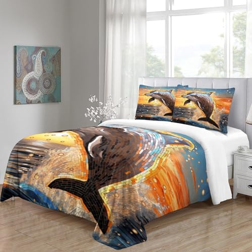 Housse de couette dauphin 3D 140x200 microfibre avec taie d'oreiller