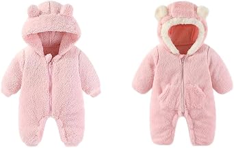 AiWMGL 0-3 Months Newborn Baby Bear Outfit Suit Girls Boys Winter Fleece Clothes Hooded Romper Snowsuit With Fold-Over Mittens Footies