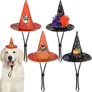 4 Stücke Halloween Haustier Hüte Einstellbare Niedliche Haustier Hexenhut für Kleine Hunde Katze Cosplay Kegel Hexenhut mit Kürbis Fledermaus Eule Blumen Ornamente Haustier Kostüm Zubehör